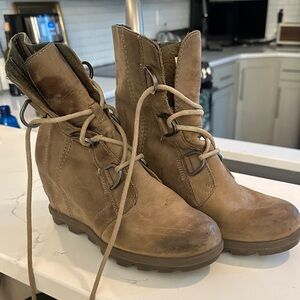 Sorel Tan Lace-Up Wedge Boots